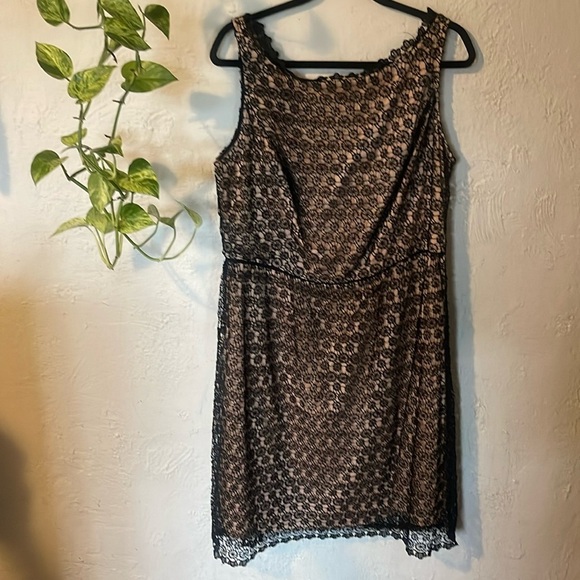 ADRIANNA PAPELL EMBROIDERED BLACK/TAN DRESS - Picture 1 of 8